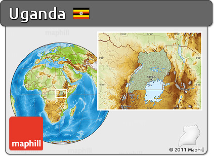 Savanna Style Location Map of Uganda, physical outside, hill shading