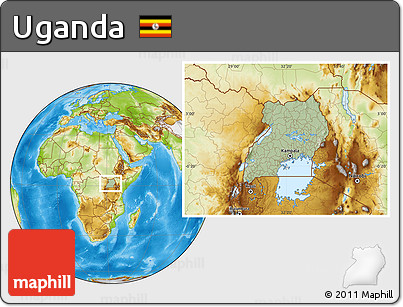 Savanna Style Location Map of Uganda, physical outside, hill shading