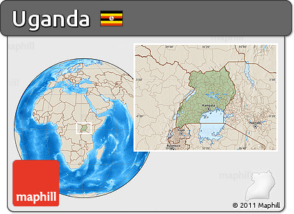 Savanna Style Location Map of Uganda, shaded relief outside, hill shading