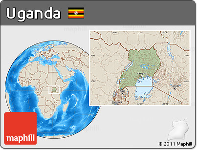 Savanna Style Location Map of Uganda, shaded relief outside, hill shading