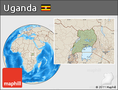 Savanna Style Location Map of Uganda, shaded relief outside, hill shading