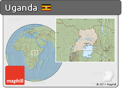 Shaded Relief Location Map of Uganda, savanna style outside, hill shading