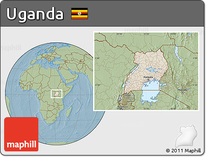 Shaded Relief Location Map of Uganda, savanna style outside, hill shading