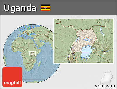 Shaded Relief Location Map of Uganda, savanna style outside, hill shading