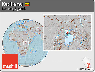 Gray Location Map of Katikamu, highlighted parent region, hill shading