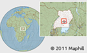 Savanna Style Location Map of Katikamu, highlighted country, within the entire country, hill shading