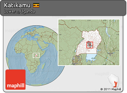Savanna Style Location Map of Katikamu, highlighted country, highlighted parent region, within the entire country, hill shading