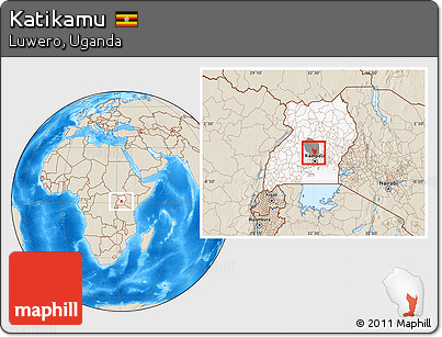 Shaded Relief Location Map of Katikamu, highlighted country, highlighted parent region