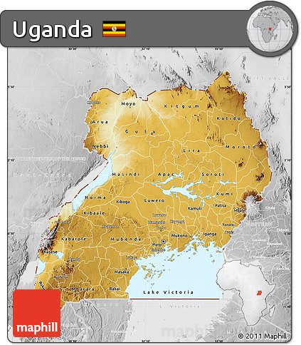 Physical Map of Uganda, lighten, desaturated