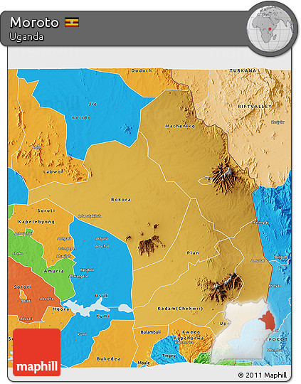 Physical 3D Map of Moroto, political outside