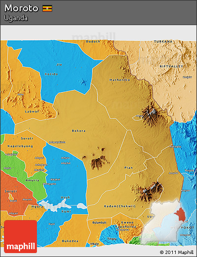 Physical 3D Map of Moroto, political outside