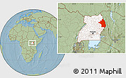 Savanna Style Location Map of Moroto, highlighted country, within the entire country, hill shading