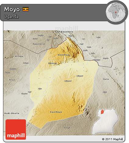 Physical 3D Map of Moyo, semi-desaturated