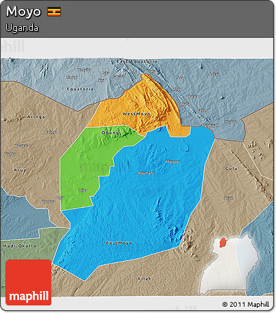 Political 3D Map of Moyo, semi-desaturated