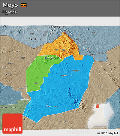 Political 3D Map of Moyo, semi-desaturated