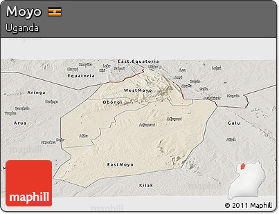 Shaded Relief Panoramic Map of Moyo, semi-desaturated