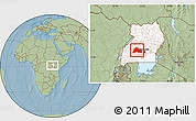 Savanna Style Location Map of Mubende, highlighted country, within the entire country, hill shading
