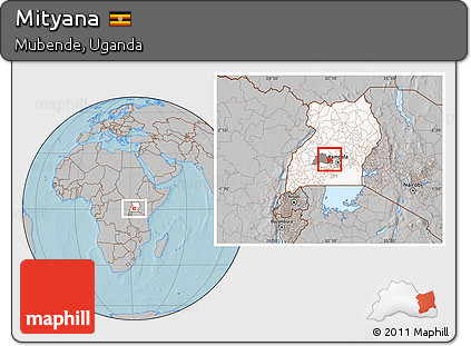 Gray Location Map of Mityana, highlighted country, highlighted parent region, hill shading