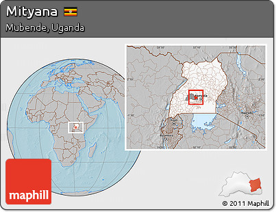 Gray Location Map of Mityana, highlighted country, highlighted parent region, hill shading