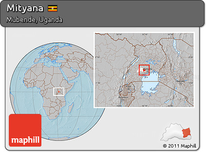 Gray Location Map of Mityana, highlighted parent region, hill shading