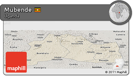Shaded Relief Panoramic Map of Mubende, semi-desaturated