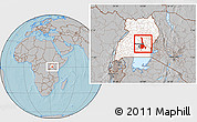 Gray Location Map of Mukono, highlighted country, hill shading