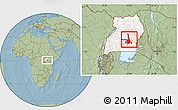 Savanna Style Location Map of Mukono, highlighted country, hill shading