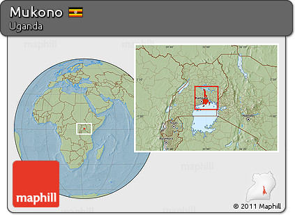 Savanna Style Location Map of Mukono, hill shading