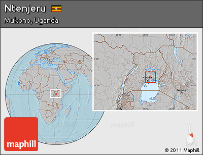 Gray Location Map of Ntenjeru, within the entire country, hill shading