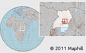 Gray Location Map of Ntenjeru, highlighted country, highlighted parent region, within the entire country, hill shading