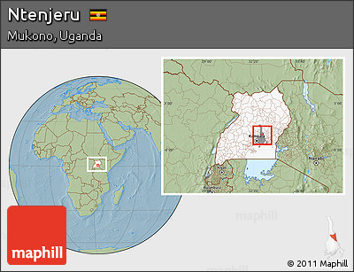 Savanna Style Location Map of Ntenjeru, highlighted country, highlighted parent region, within the entire country, hill shading