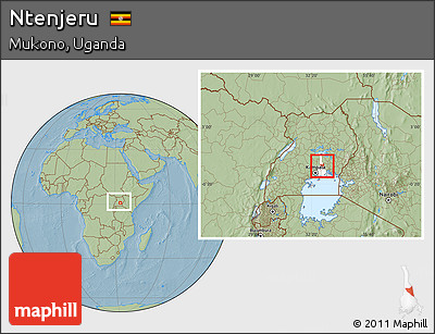 Savanna Style Location Map of Ntenjeru, highlighted parent region, within the entire country, hill shading