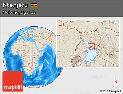 Shaded Relief Location Map of Ntenjeru, within the entire country