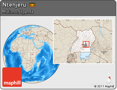Shaded Relief Location Map of Ntenjeru, highlighted country, highlighted parent region, within the entire country