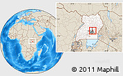 Shaded Relief Location Map of Ntenjeru, highlighted country, highlighted parent region, within the entire country