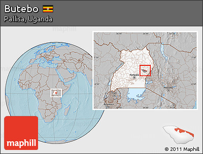 Gray Location Map of Butebo, highlighted country, highlighted parent region, hill shading