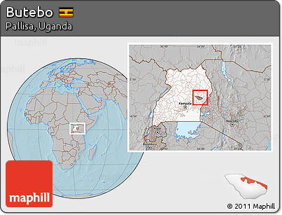Gray Location Map of Butebo, highlighted country, highlighted parent region, hill shading