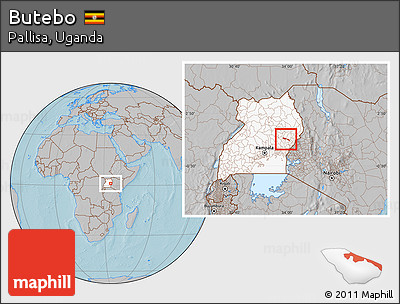 Gray Location Map of Butebo, highlighted country, hill shading