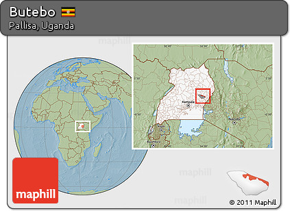 Savanna Style Location Map of Butebo, highlighted country, highlighted parent region, hill shading