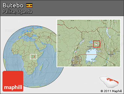 Savanna Style Location Map of Butebo, highlighted parent region, within the entire country, hill shading