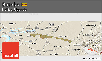 Satellite Panoramic Map of Butebo, shaded relief outside