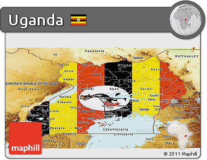 Flag Panoramic Map of Uganda, physical outside, flag aligned to the middle