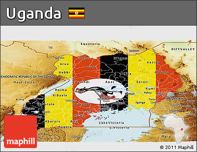 Flag Panoramic Map of Uganda, physical outside, flag aligned to the middle
