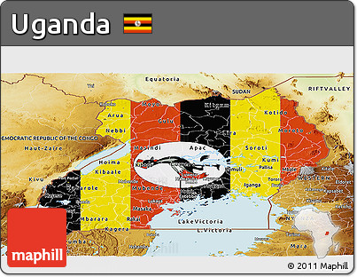 Flag Panoramic Map of Uganda, physical outside, flag aligned to the middle