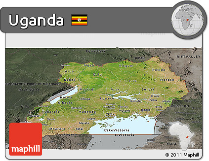 Satellite Panoramic Map of Uganda, darken, semi-desaturated