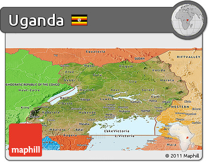 Satellite Panoramic Map of Uganda, political shades outside