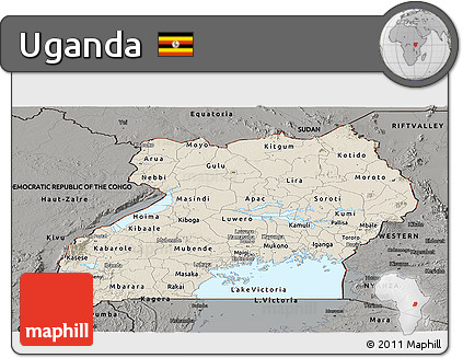 Shaded Relief Panoramic Map of Uganda, darken, semi-desaturated