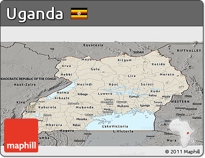 Shaded Relief Panoramic Map of Uganda, darken, semi-desaturated