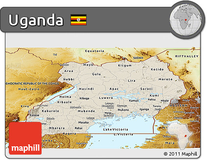 Shaded Relief Panoramic Map of Uganda, physical outside