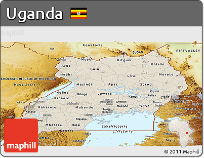 Shaded Relief Panoramic Map of Uganda, physical outside